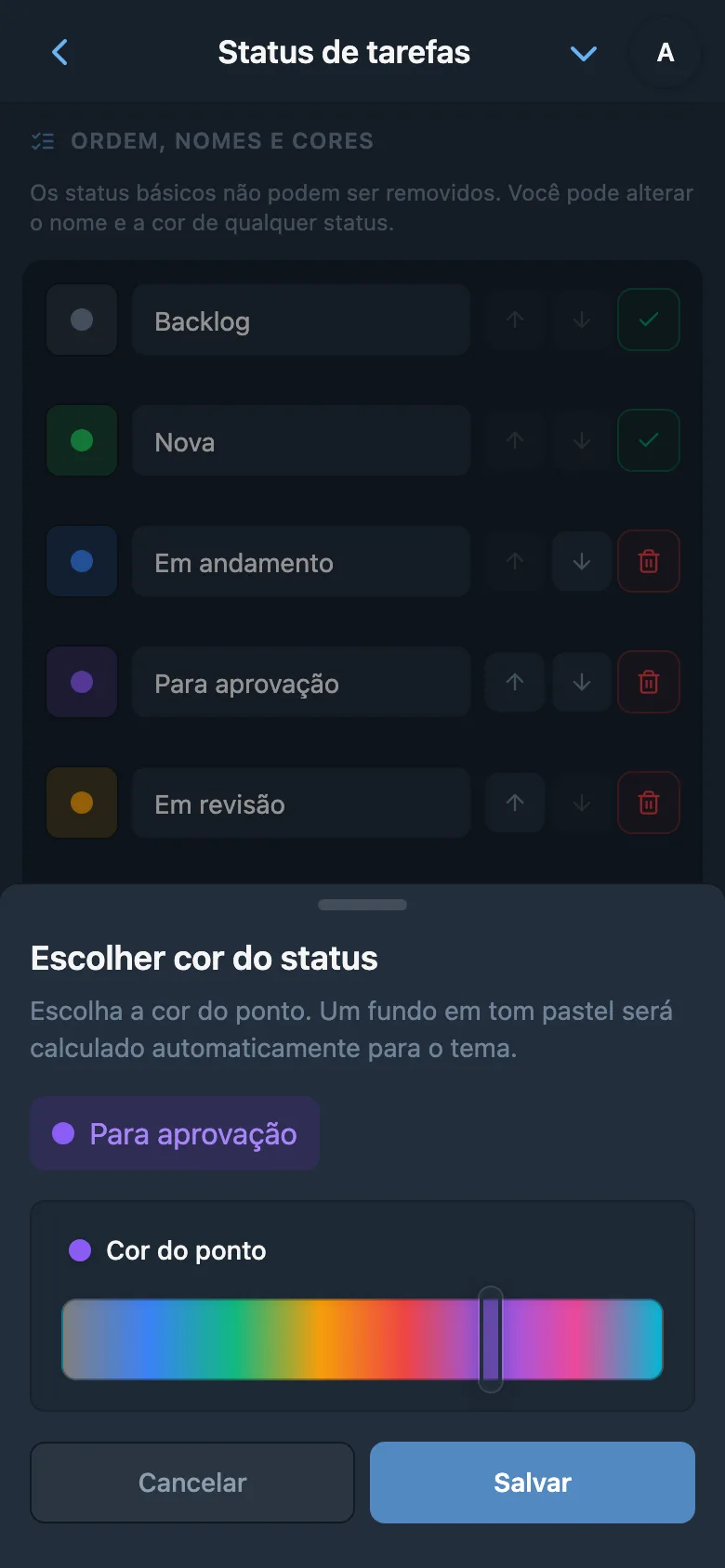 Edição do nome de um status de tarefa e seleção de sua cor