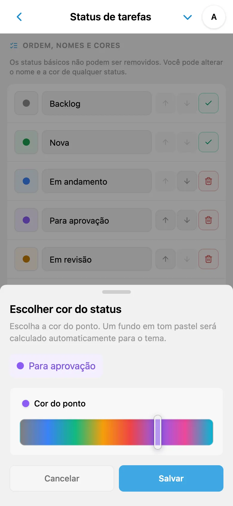 Edição do nome de um status de tarefa e seleção de sua cor