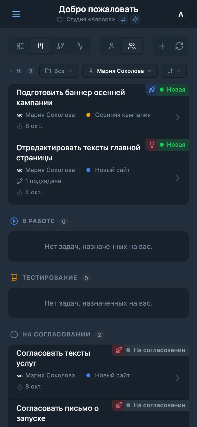 Канбан-доска после отбора задач по ответственному