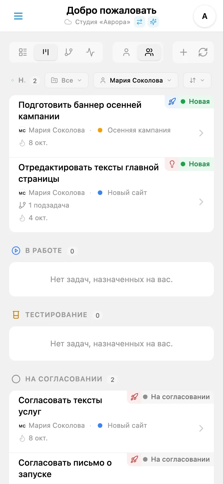 Канбан-доска после отбора задач по ответственному