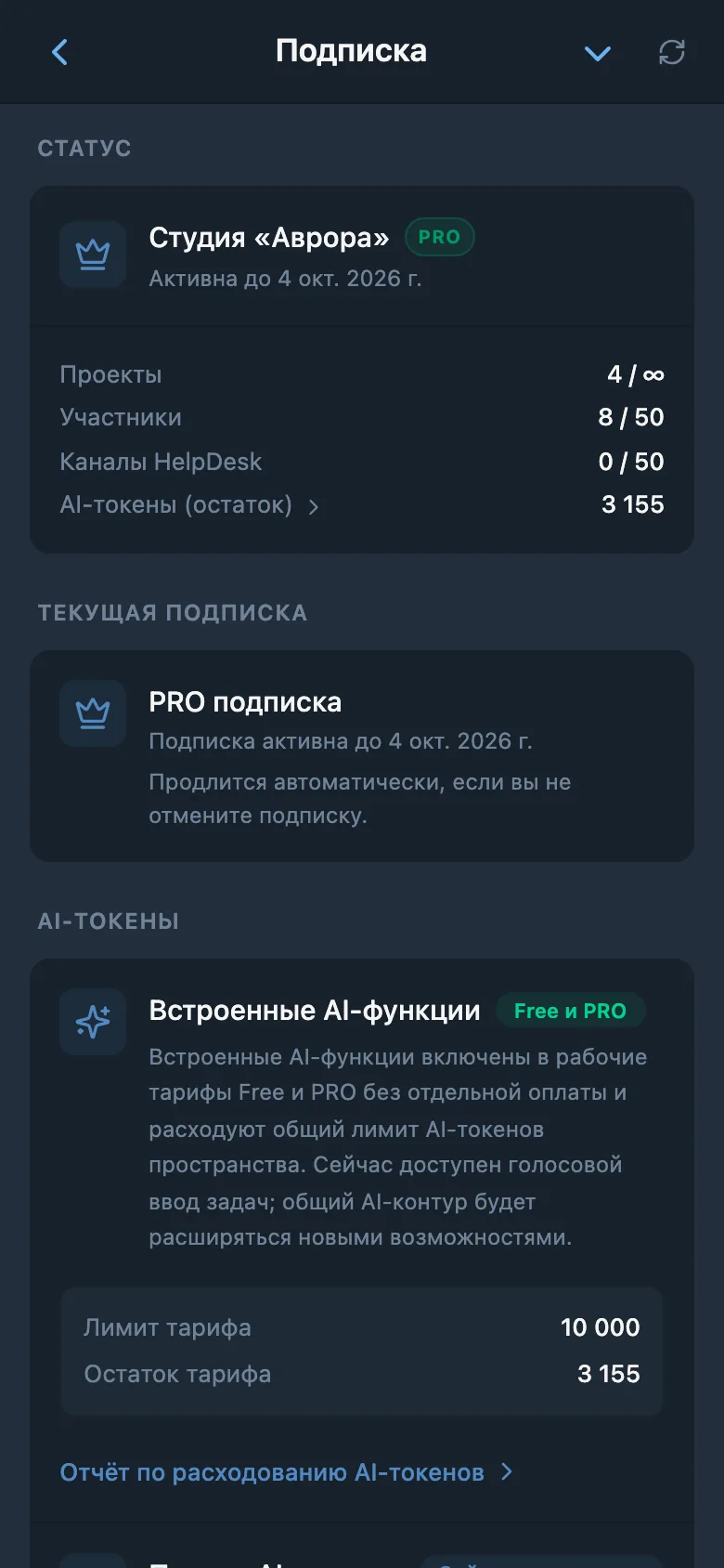 Информация о подписке рабочего пространства