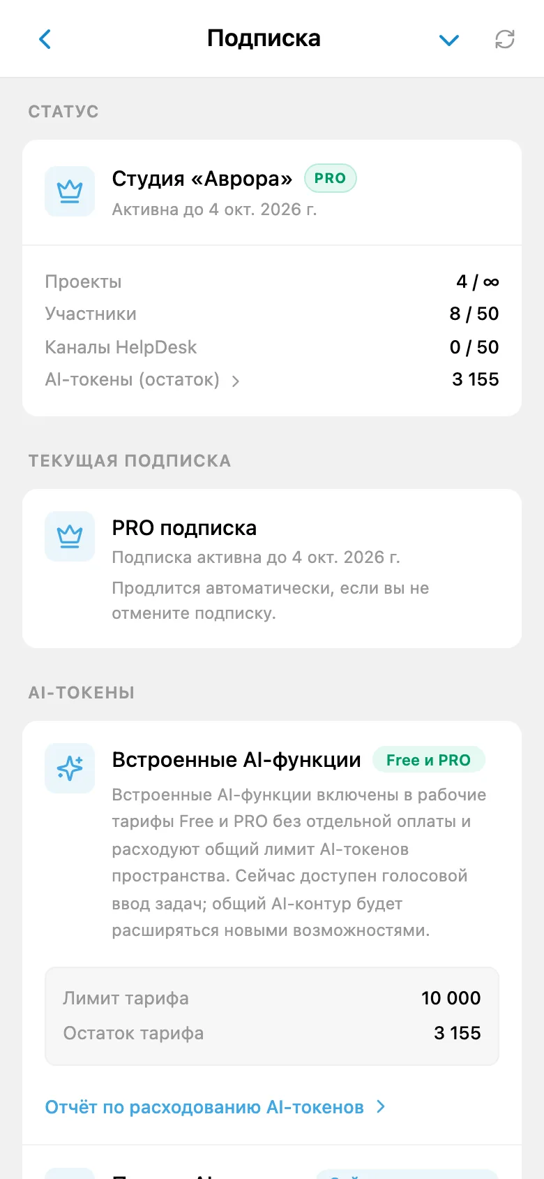 Информация о подписке рабочего пространства