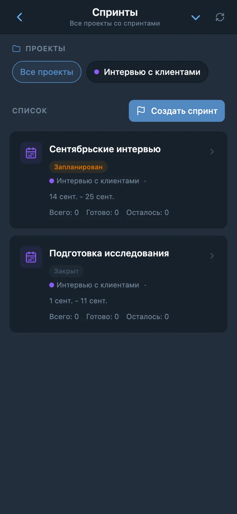 Список спринтов проекта с датами и состоянием итераций