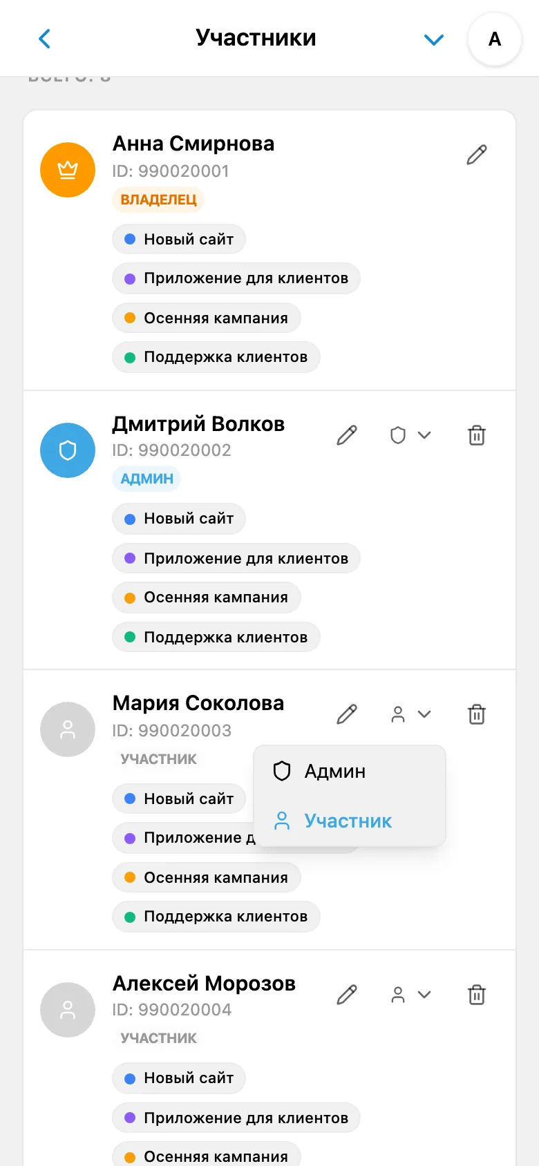 Выбор роли участника рабочего пространства