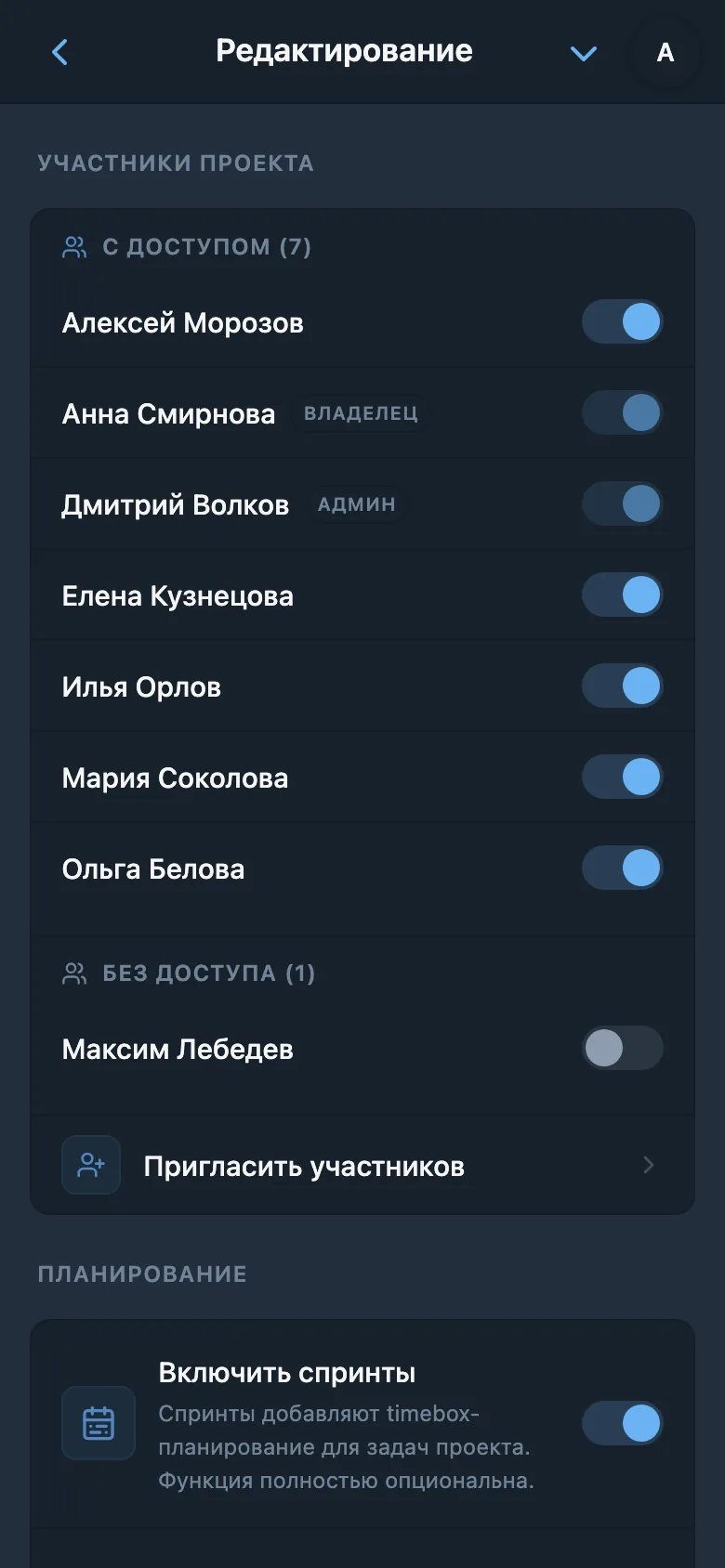 Настройки доступа к проекту