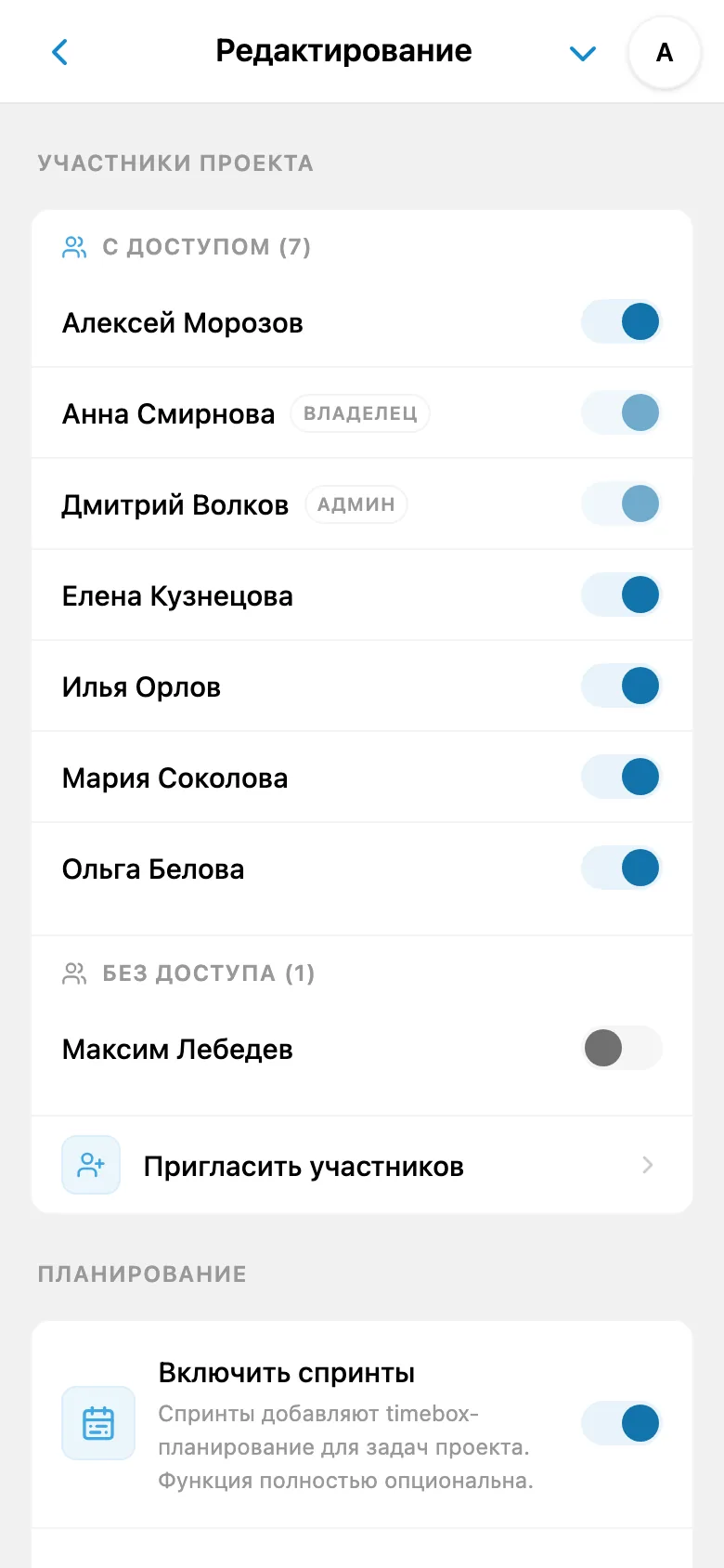 Настройки доступа к проекту