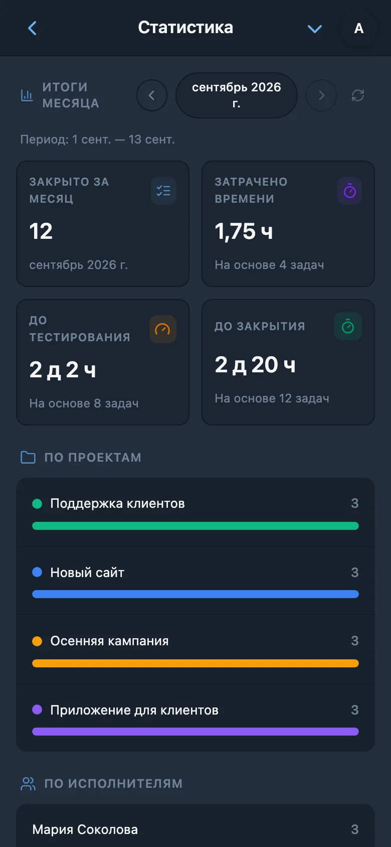 Статистика работы по проектам и участникам
