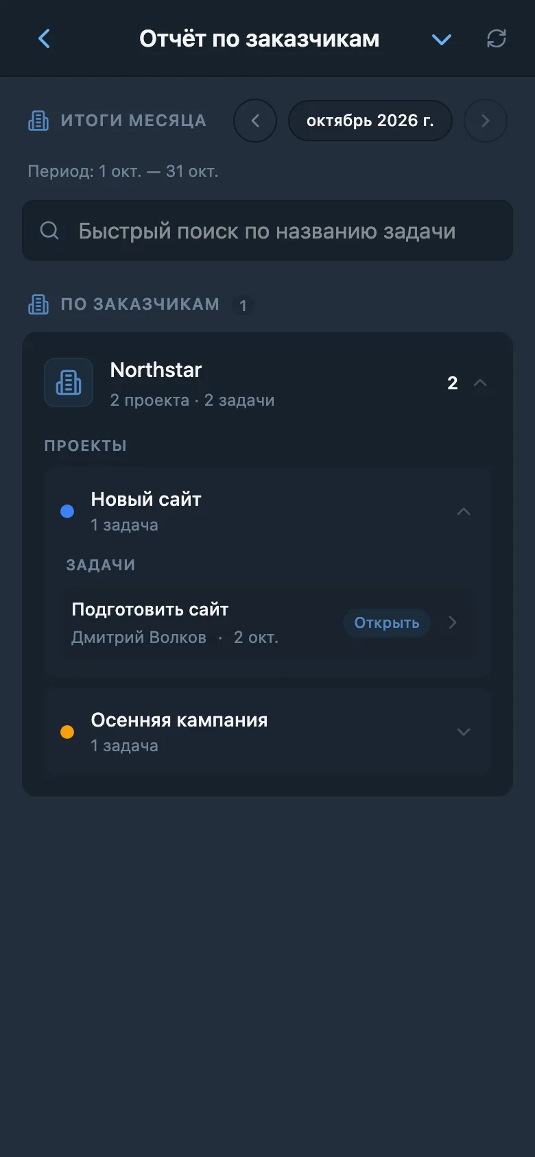 Отчёт по завершённым задачам выбранного заказчика