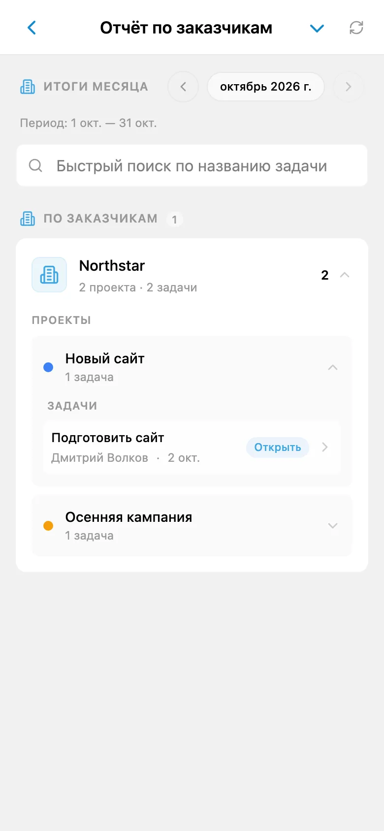 Отчёт по завершённым задачам выбранного заказчика