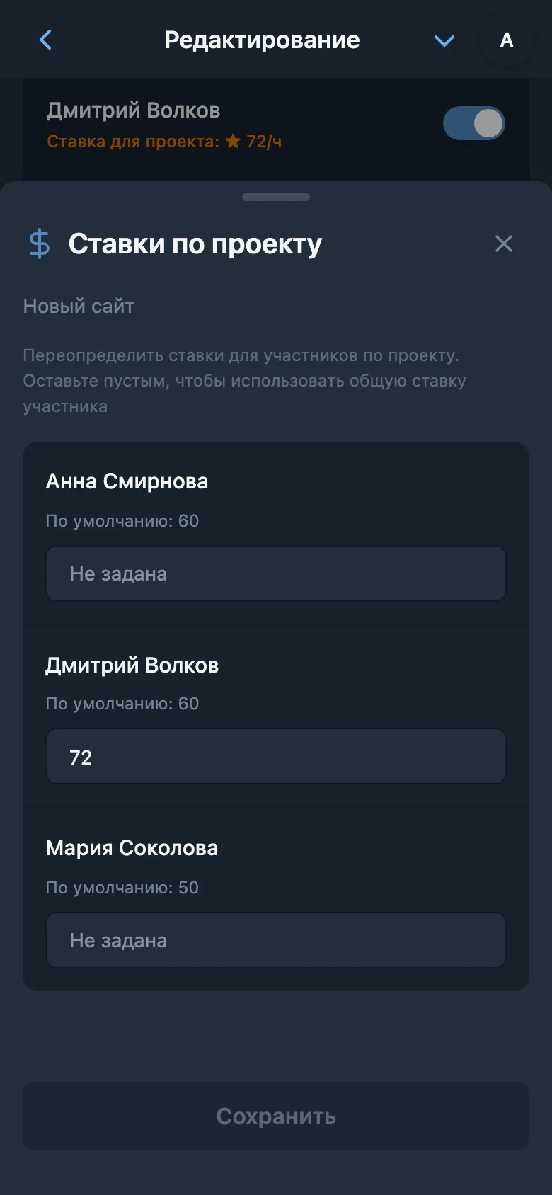 Индивидуальные ставки участников в выбранном проекте