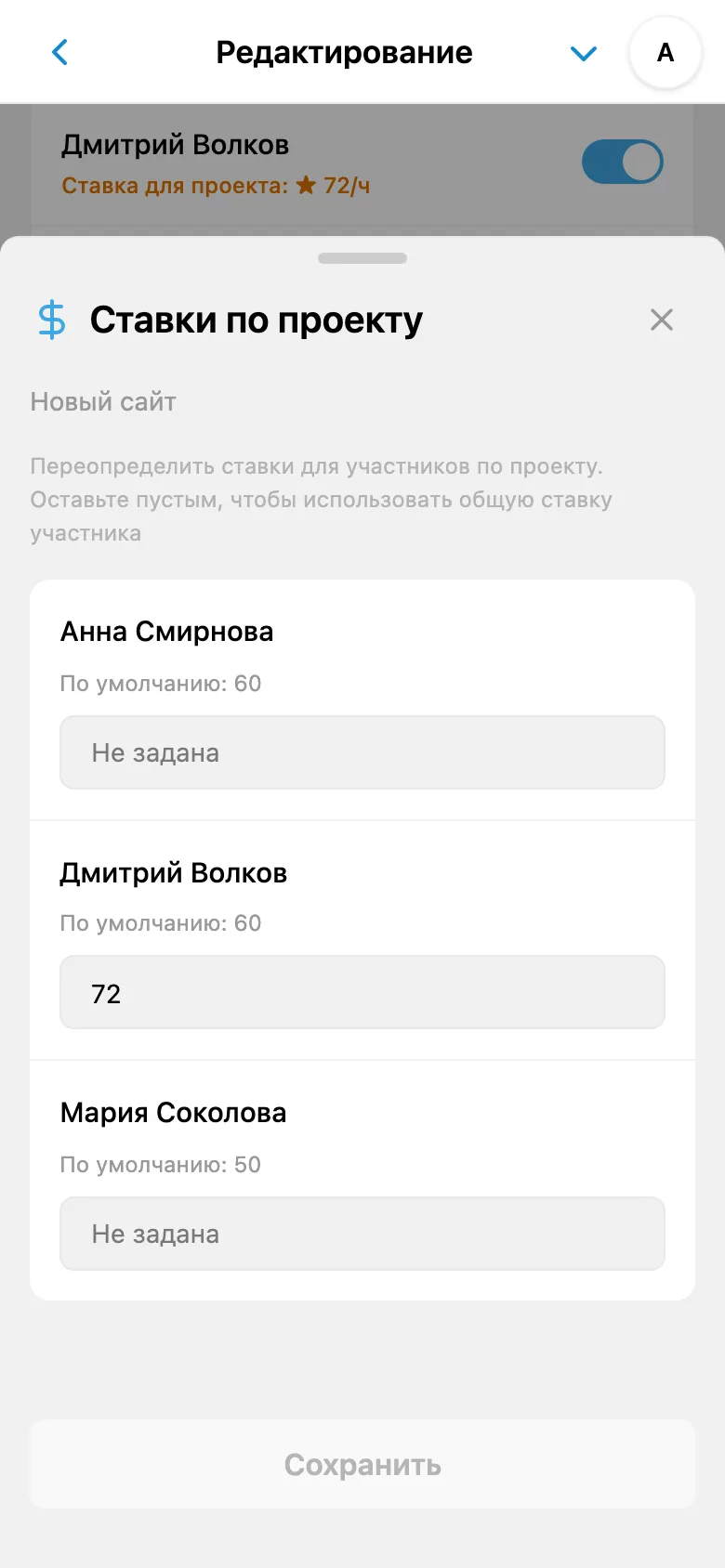Индивидуальные ставки участников в выбранном проекте