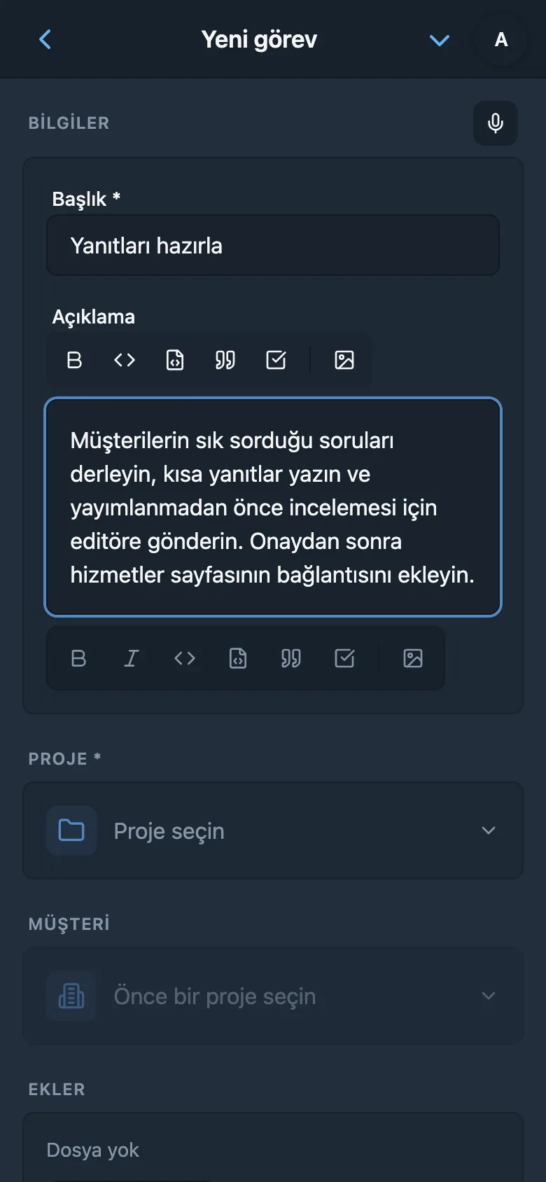 Sesli girişten sonra görev açıklamasını düzenleme