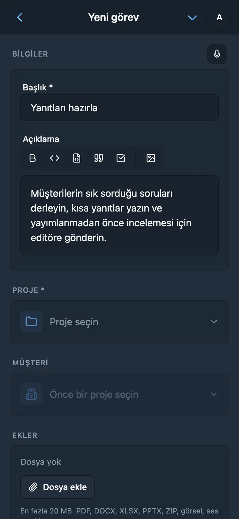 Dikteden hazırlanan görev başlığı ve açıklaması