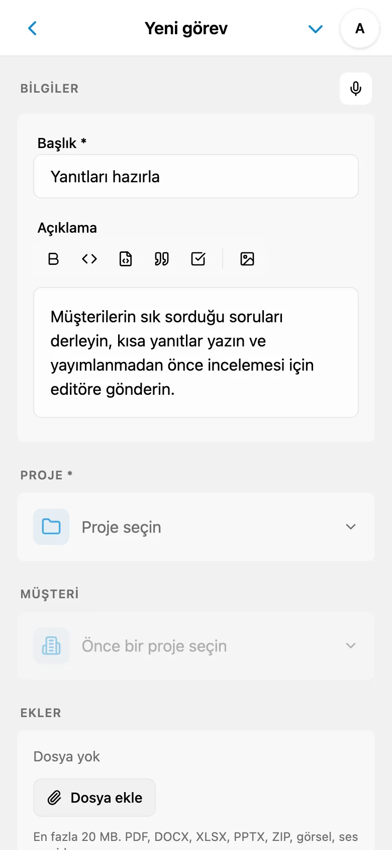 Dikteden hazırlanan görev başlığı ve açıklaması