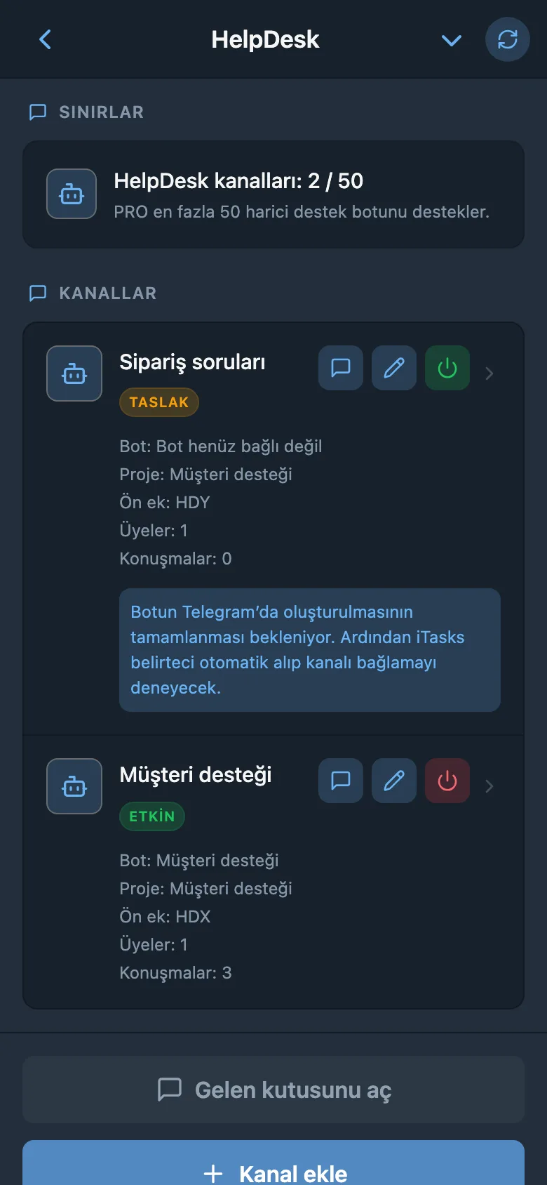HelpDesk kanallarının listesi