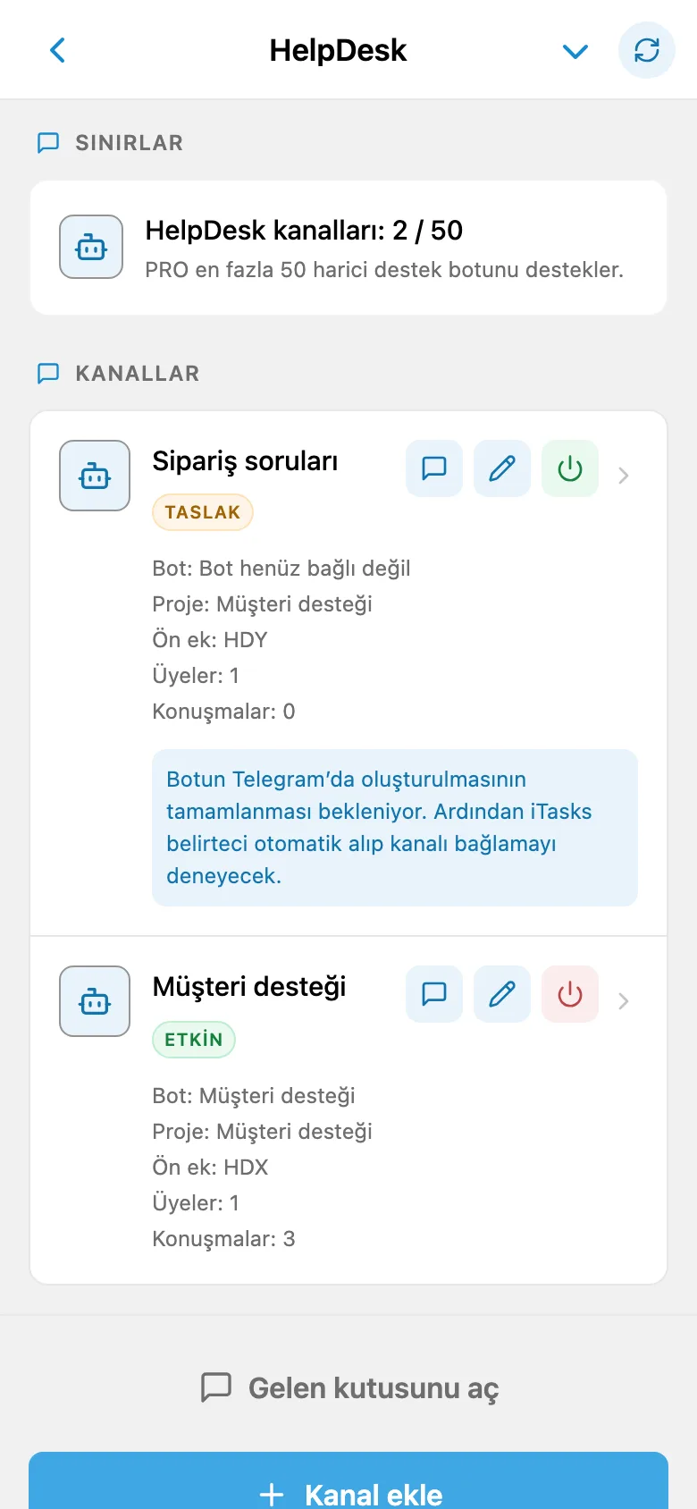 HelpDesk kanallarının listesi