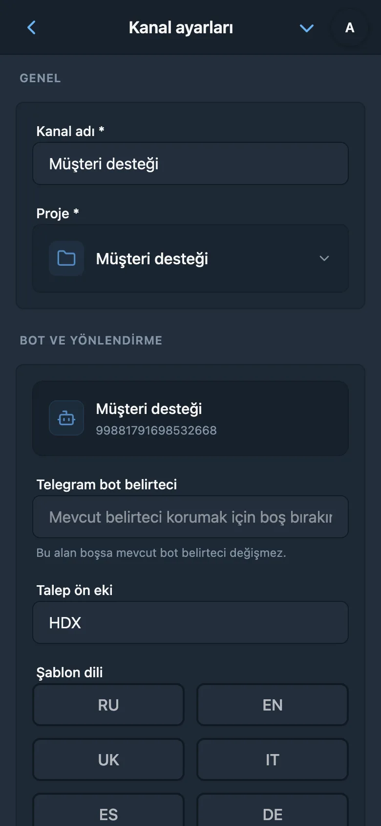 HelpDesk kanalının genel ayarları