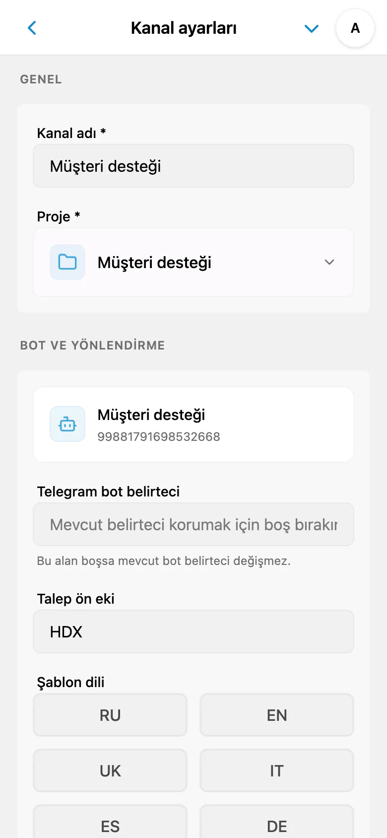 HelpDesk kanalının genel ayarları