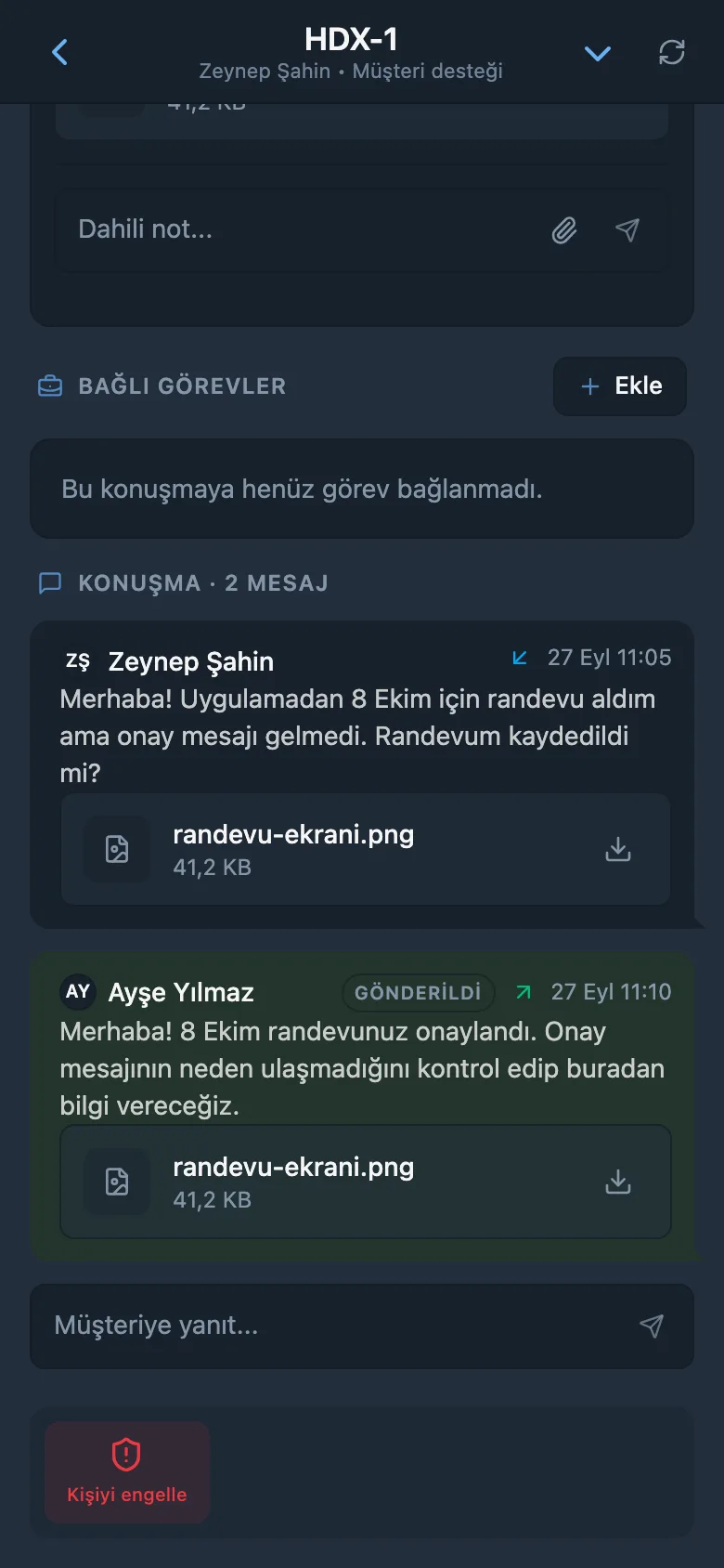 Müşteriye gönderilen, dosya eki içeren HelpDesk yanıtı