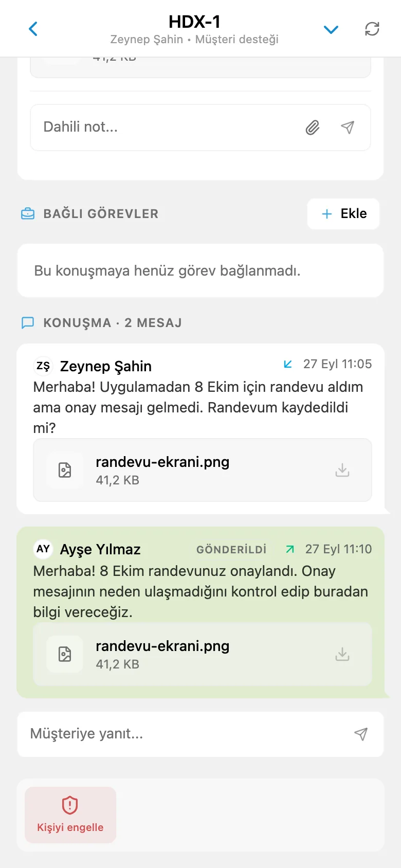 Müşteriye gönderilen, dosya eki içeren HelpDesk yanıtı