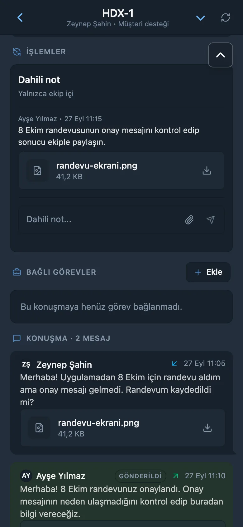 HelpDesk talebindeki dahili not