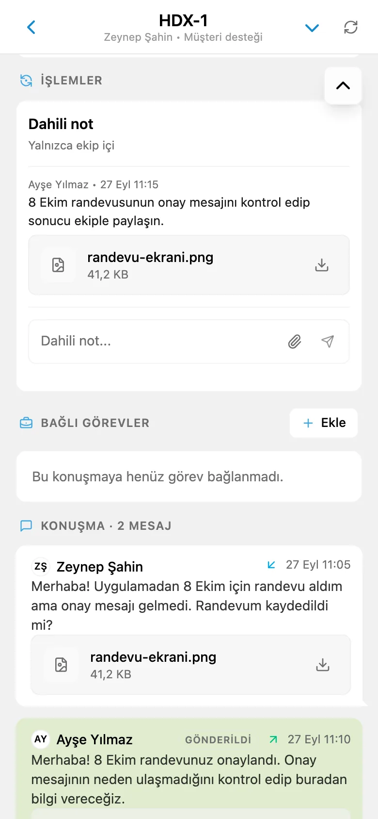 HelpDesk talebindeki dahili not