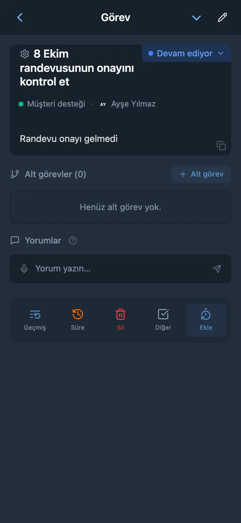 Müşteri talebine bağlı görev kartı