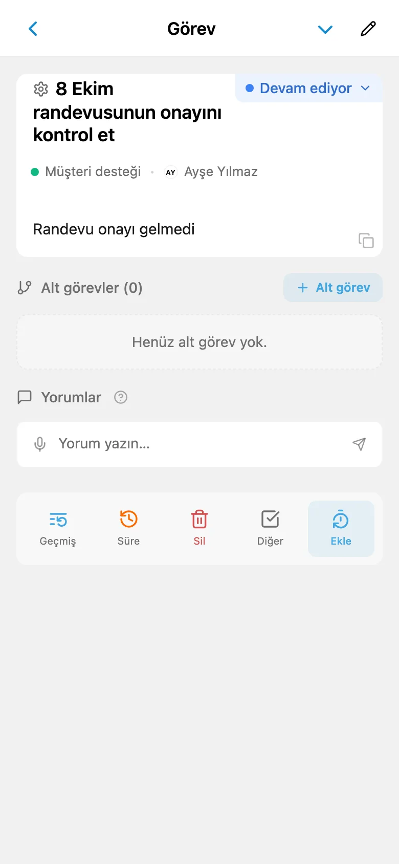 Müşteri talebine bağlı görev kartı