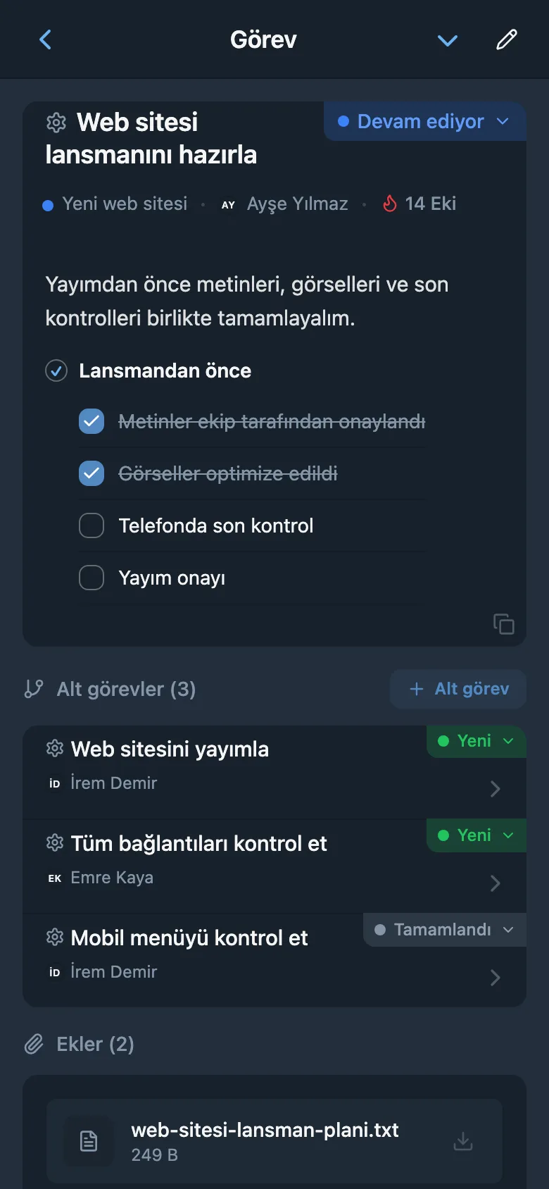 Sorumlu, kontrol listesi ve alt görevleri içeren yeni web sitesi görev kartı