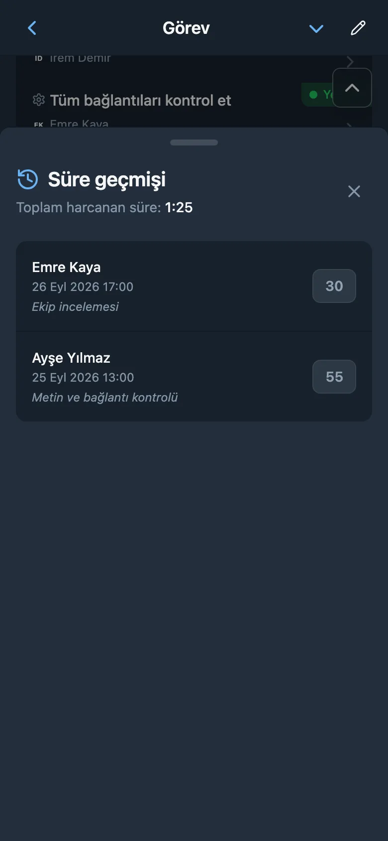 Süreleri ve notları içeren görev zaman kayıtları