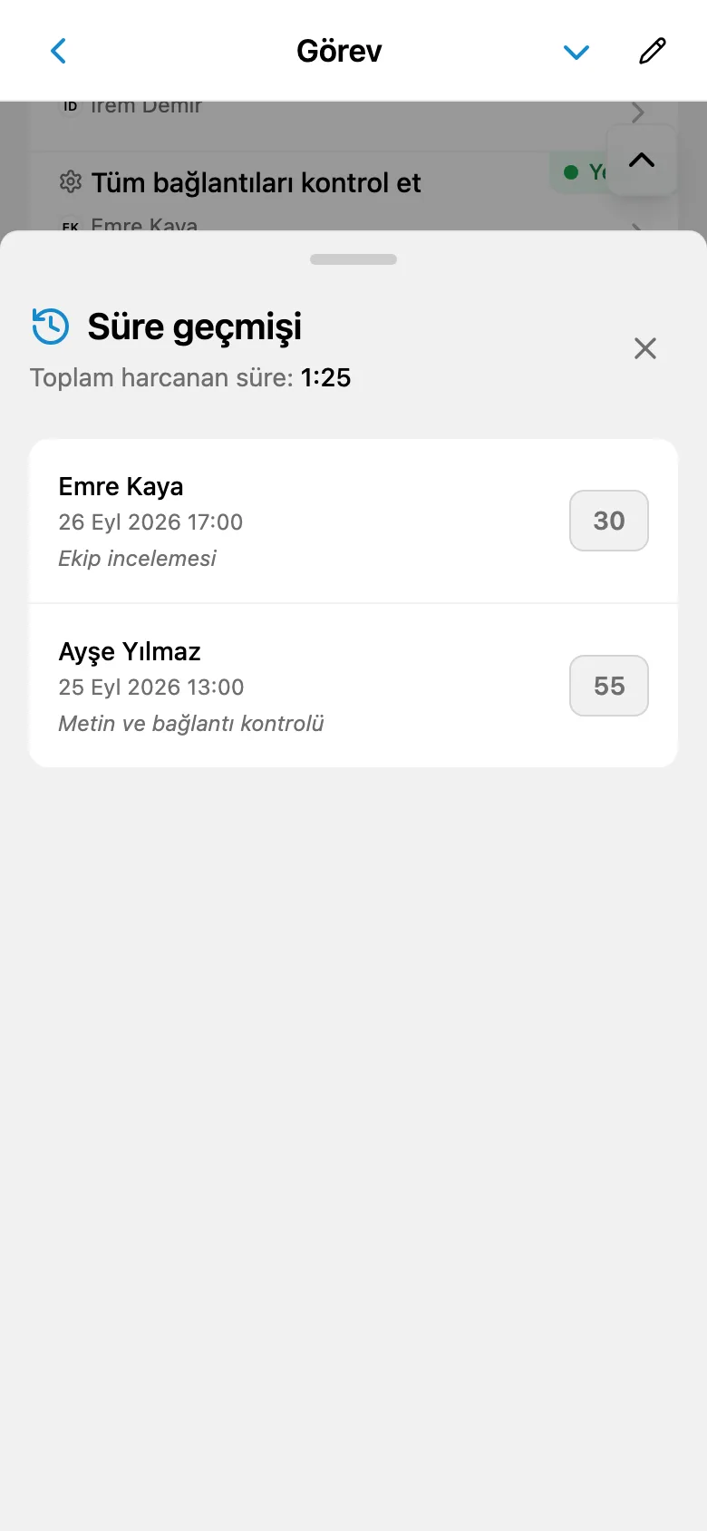 Süreleri ve notları içeren görev zaman kayıtları