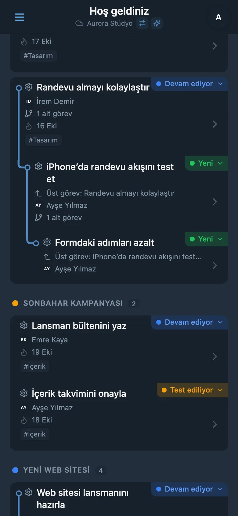Birkaç alt görev düzeyiyle genişletilmiş proje görev ağacı