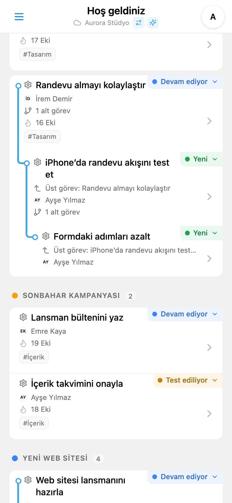 Birkaç alt görev düzeyiyle genişletilmiş proje görev ağacı