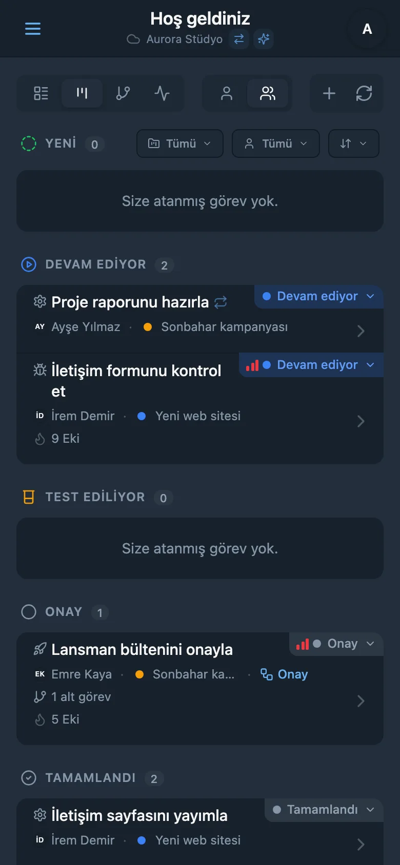 Kanban panosundaki tamamlanan görevler sütunu