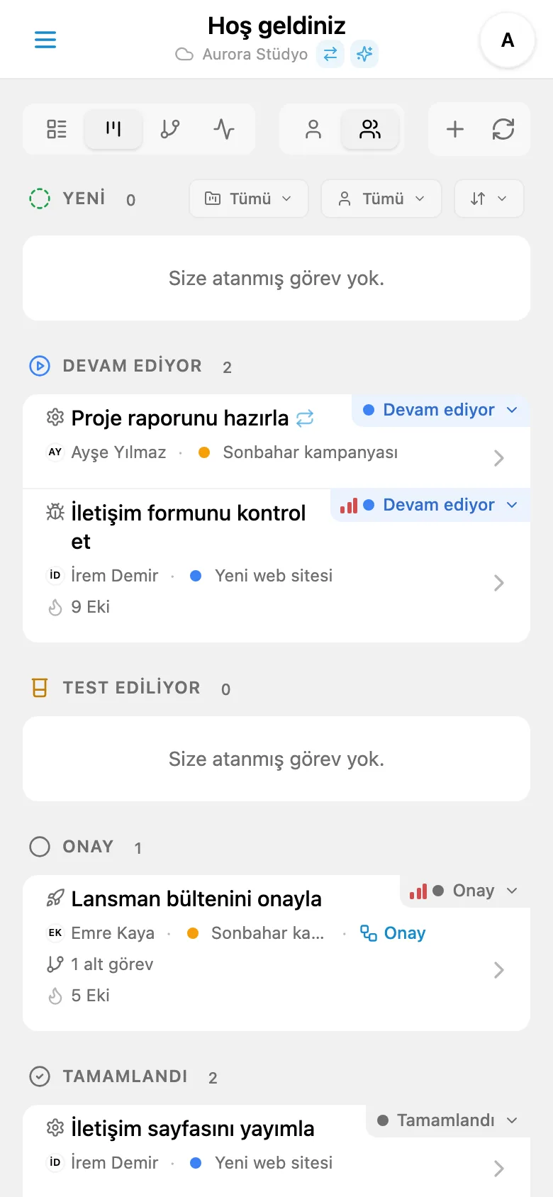 Kanban panosundaki tamamlanan görevler sütunu