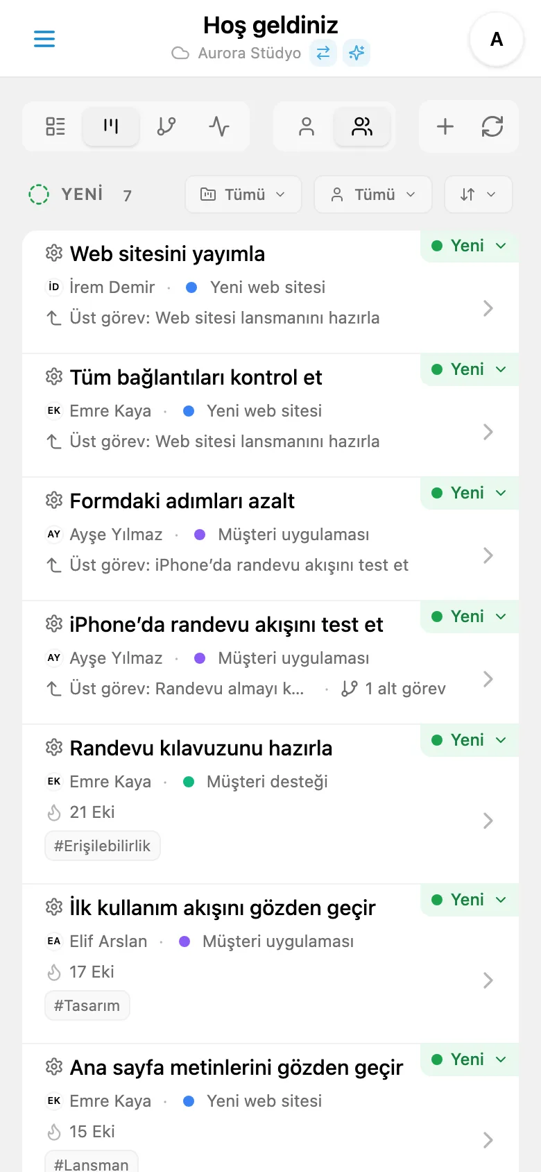 Görevleri duruma göre gruplayan Kanban panosu