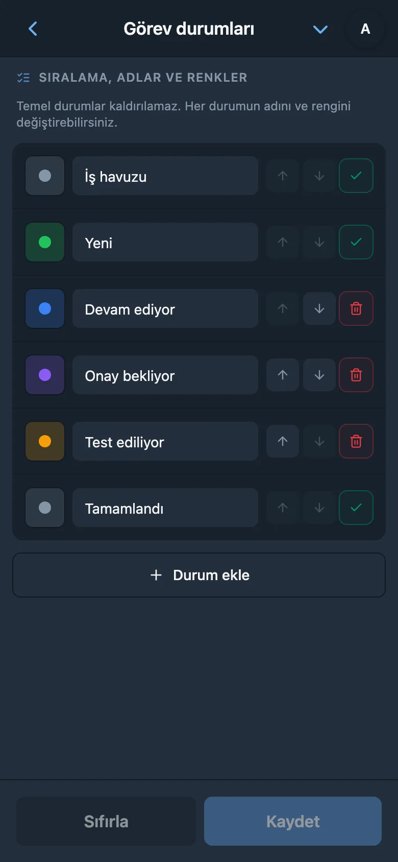 Adları ve renkleriyle görev durumu listesi