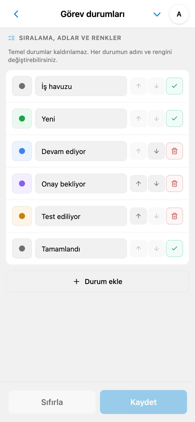 Adları ve renkleriyle görev durumu listesi