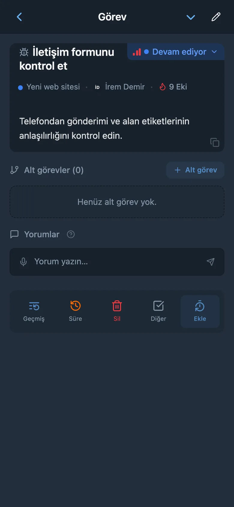 Proje Kanban panosundan açılmış görev kartı