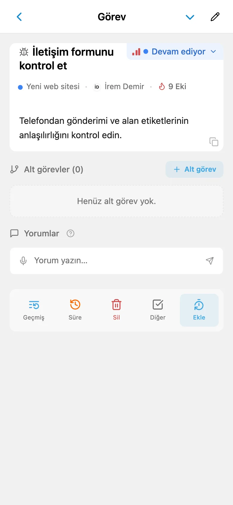 Proje Kanban panosundan açılmış görev kartı