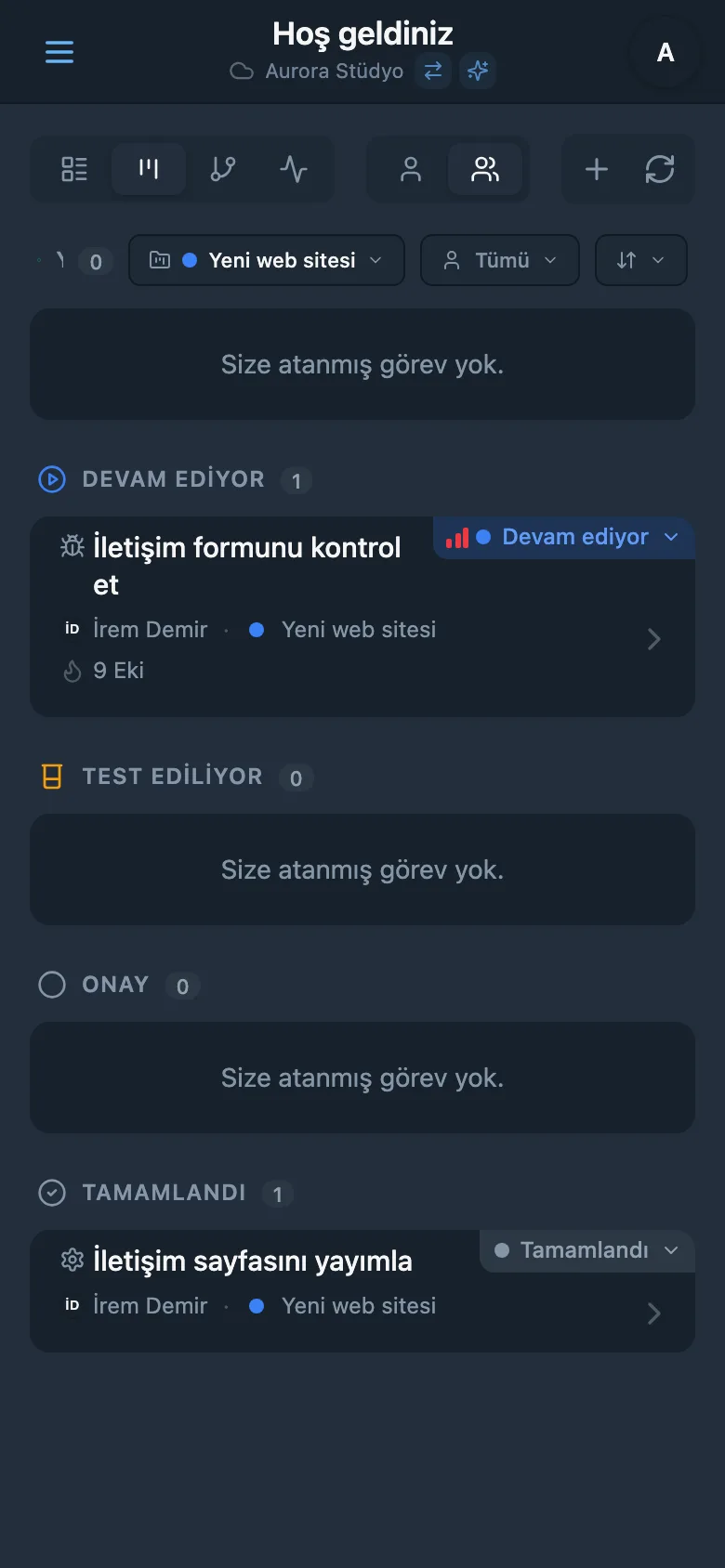 Projeye göre filtrelenmiş Kanban panosu