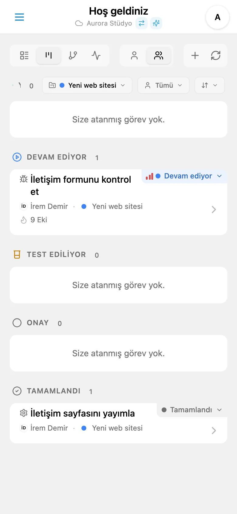 Projeye göre filtrelenmiş Kanban panosu