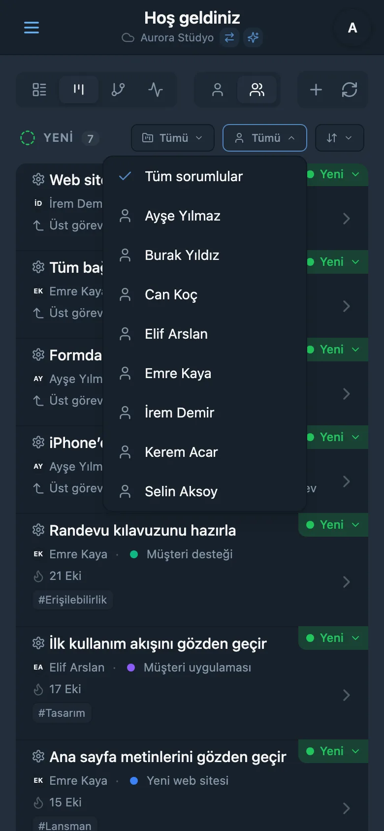 Sorumluya göre görev filtresi