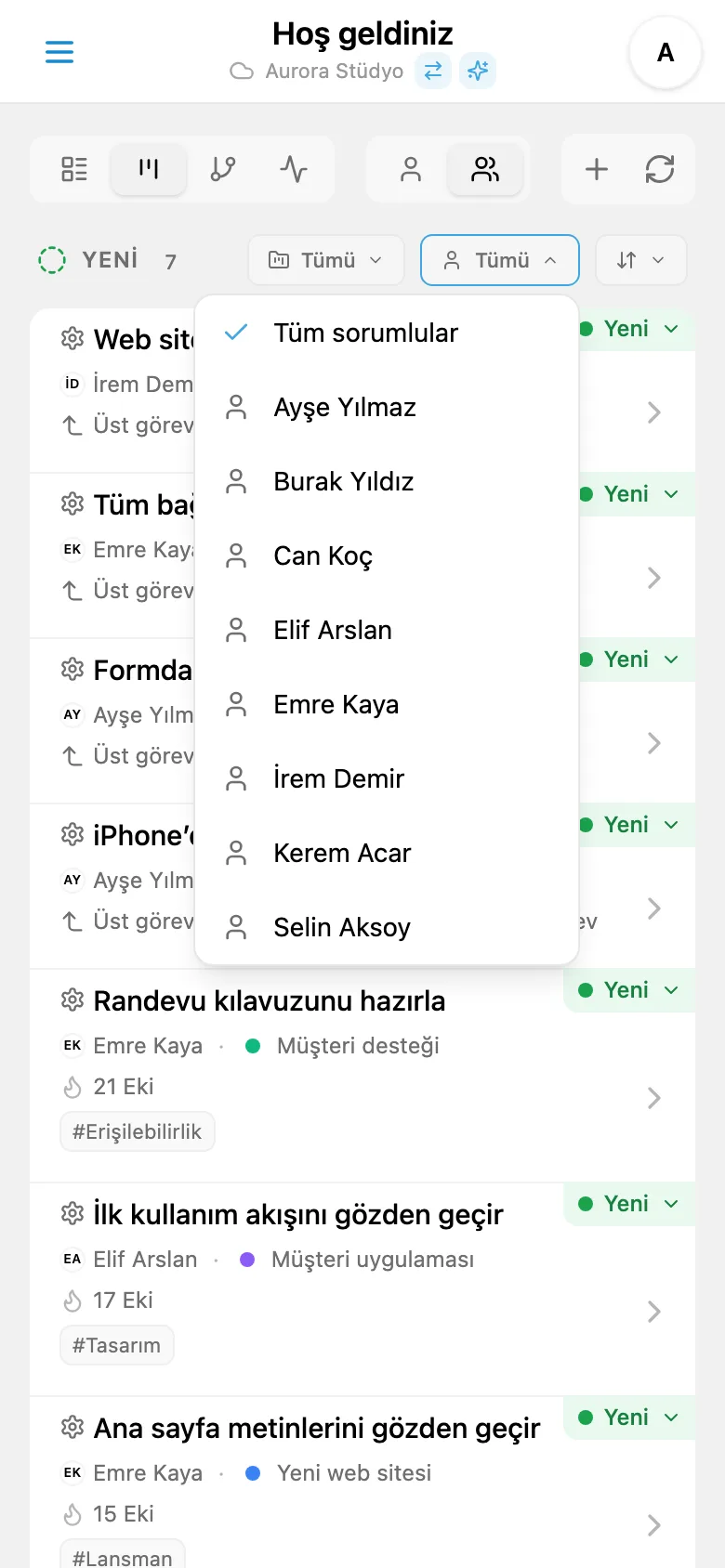 Sorumluya göre görev filtresi
