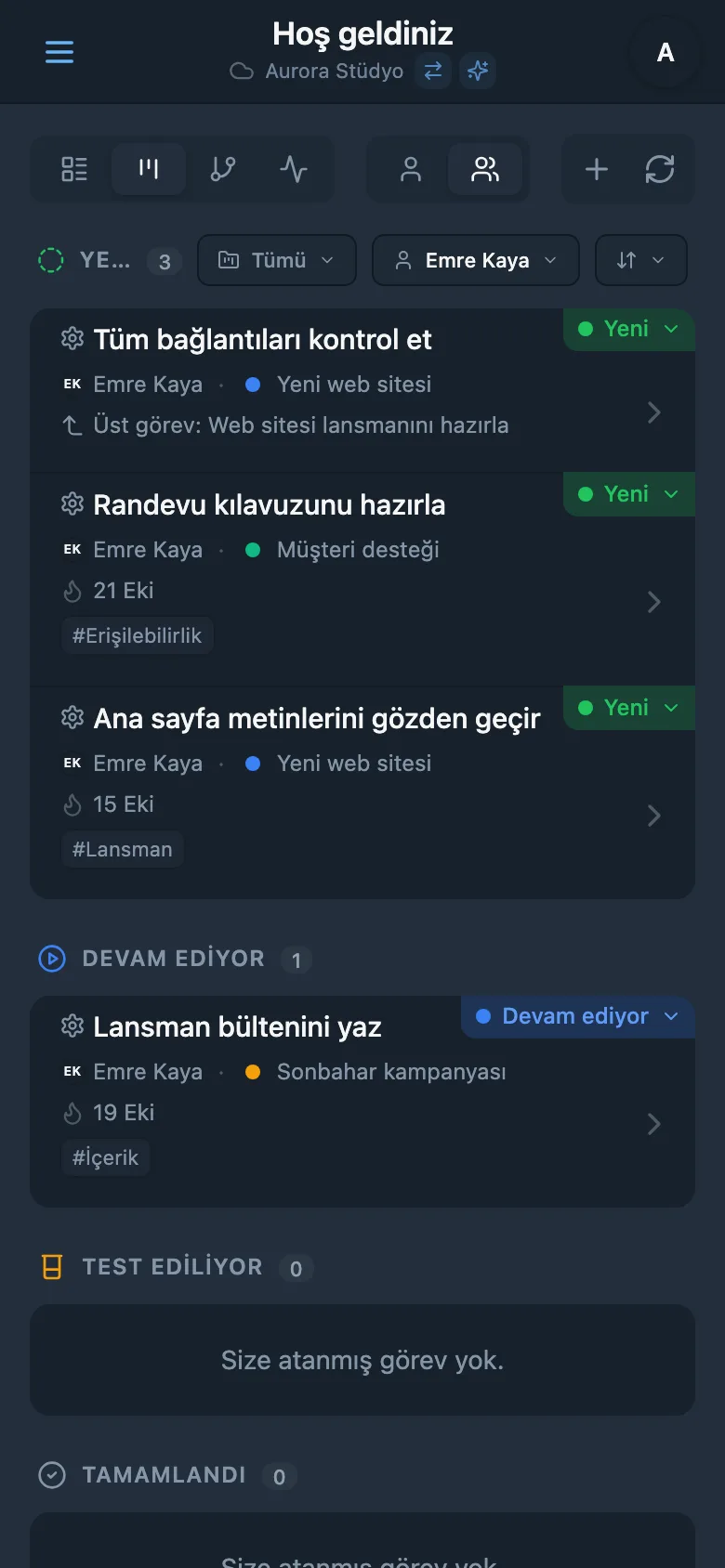 Sorumluya göre filtrelenmiş Kanban panosu