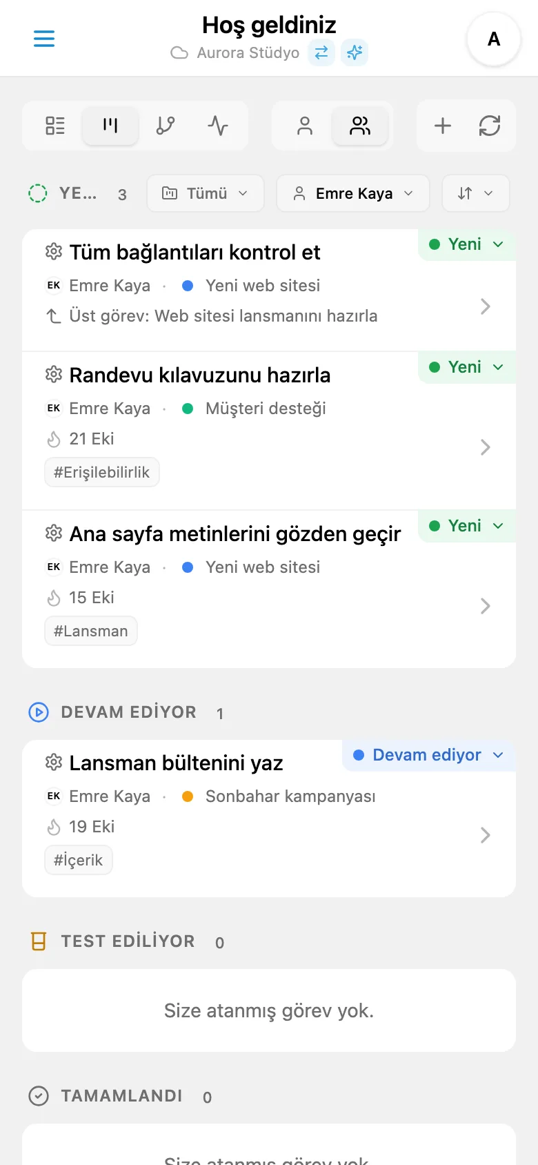 Sorumluya göre filtrelenmiş Kanban panosu