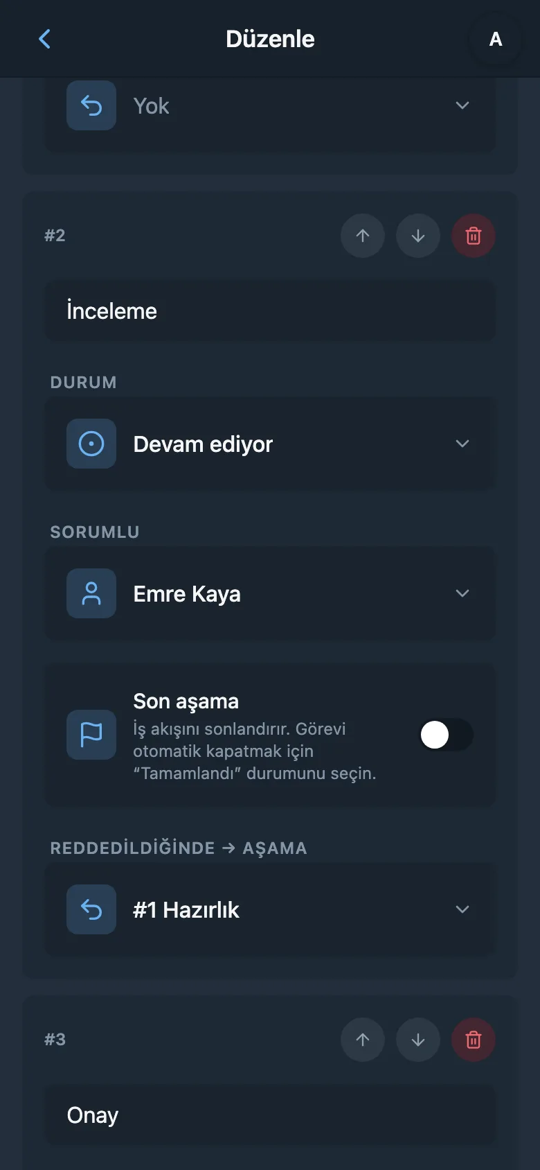 Aşama sayısı ve etkinlik durumuyla iş akışı listesi