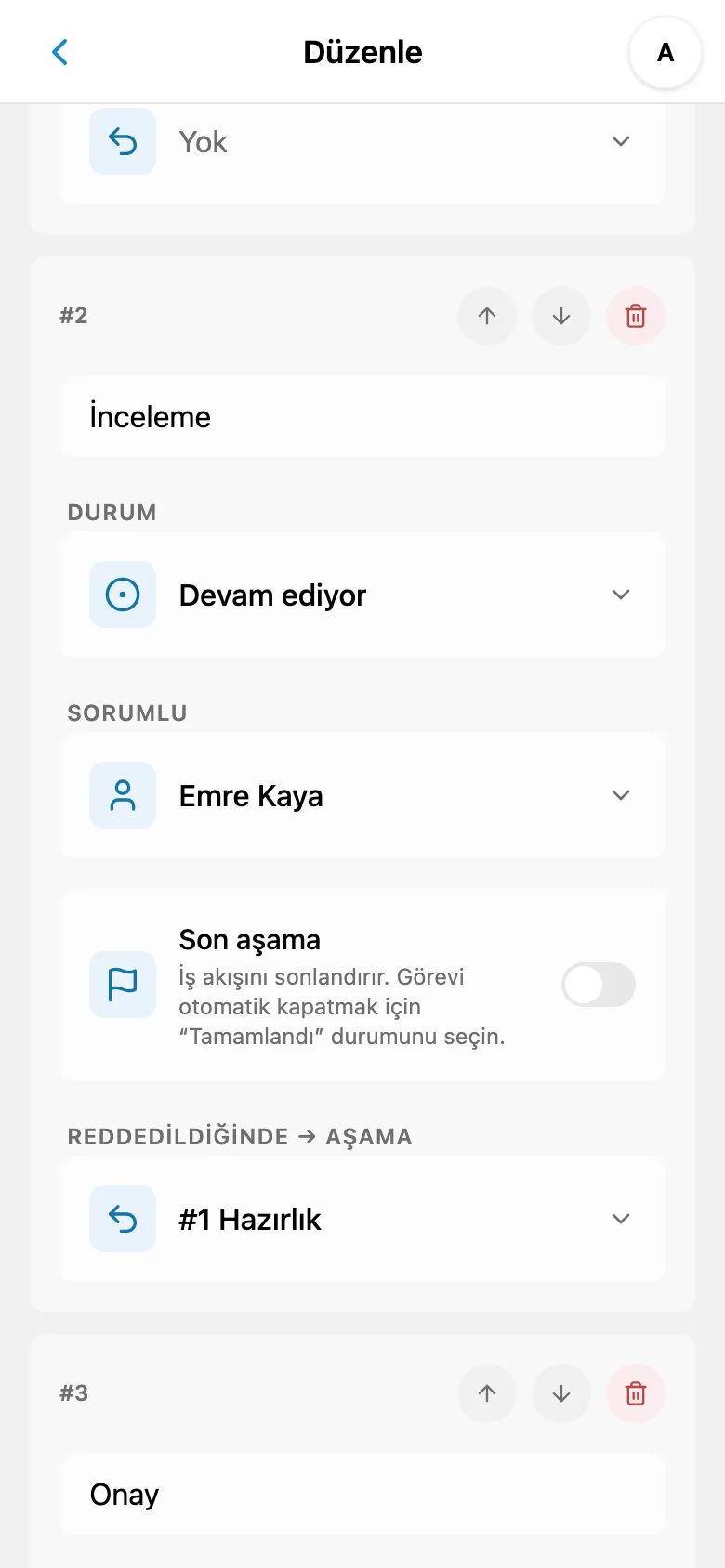 Aşama sayısı ve etkinlik durumuyla iş akışı listesi