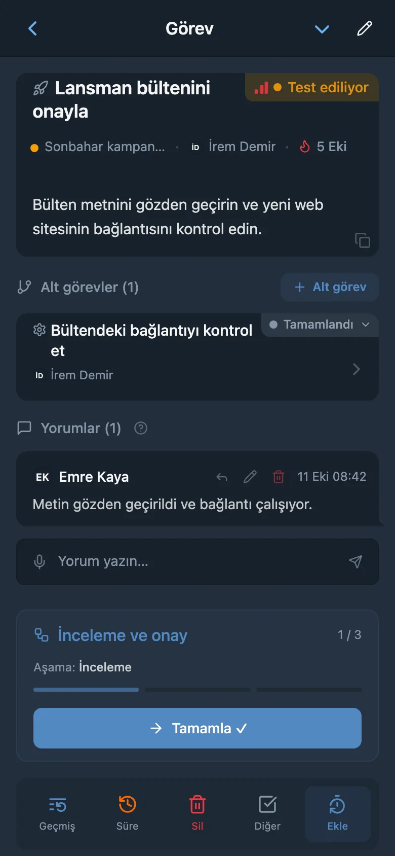 Sonraki aşamaya aktarma düğmesiyle inceleme aşamasındaki görev