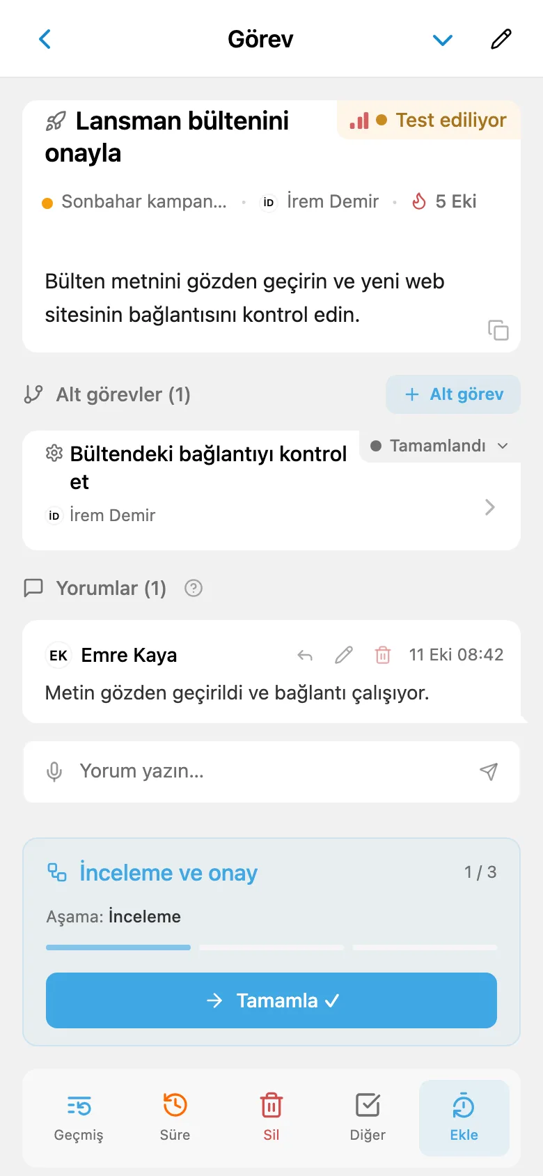 Sonraki aşamaya aktarma düğmesiyle inceleme aşamasındaki görev